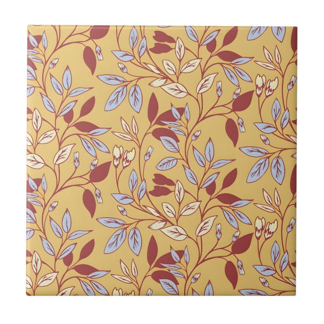 Azulejo Elegant Floral Pattern with Red and Blue Leaves (Frente)