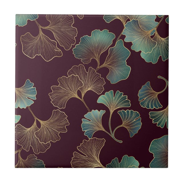 Azulejo Elegant Ginkgo Leaf in Burgundy and Teal (1) (Frente)