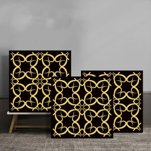 Azulejo Elegant Golden Curved Line Pattern on Black