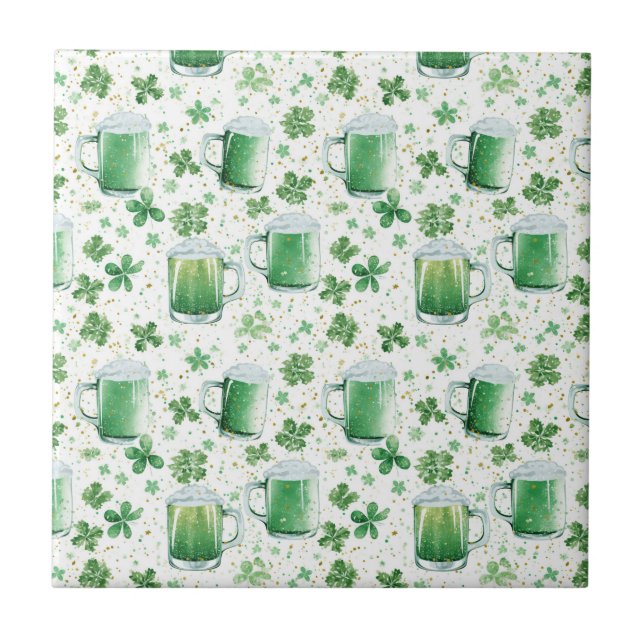 Azulejo Elegant Green Beer Mugs and Shamrocks White (Frente)