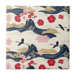 Azulejo Elegant Japanese Ceramic Tile with Floral Waves