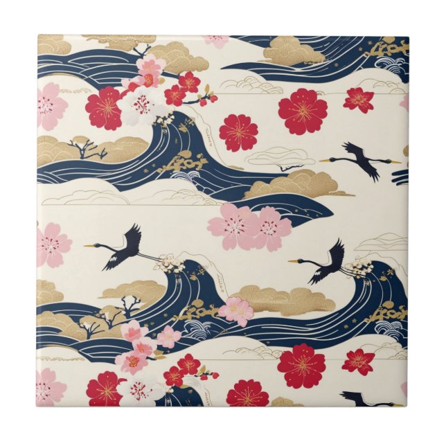 Azulejo Elegant Japanese Ceramic Tile with Floral Waves (Frente)