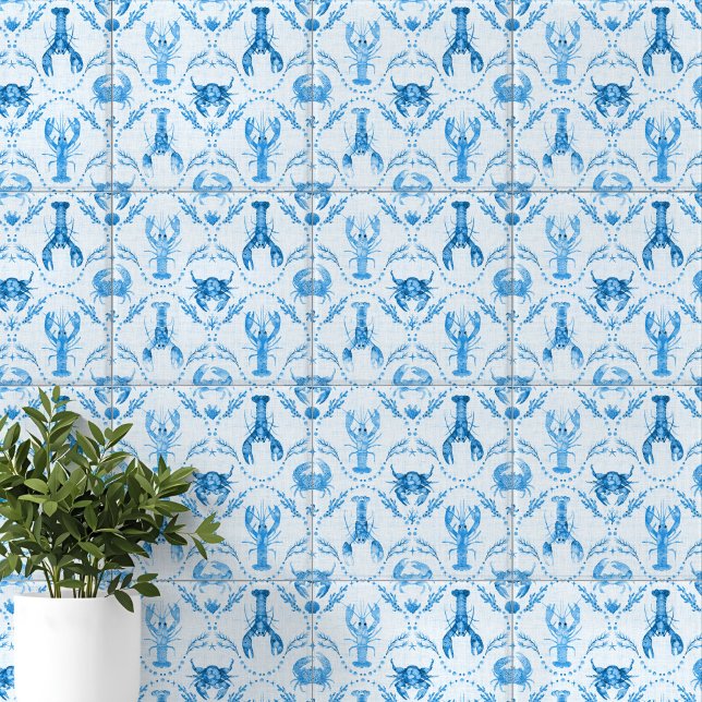 Azulejo Elegant Lobster and Crabs in Cornflower Blue (Elegant Lobster and Crabs in Cornflower Blue Ceramic Tile)