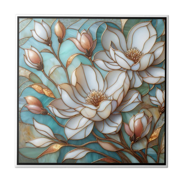 Azulejo Elegant Magnolia Stained Glass Floral Mosaic Art (Frente)