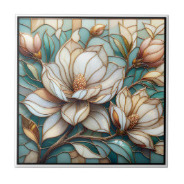 Azulejo Elegant Magnolia Stained Glass Floral Mosaic Art