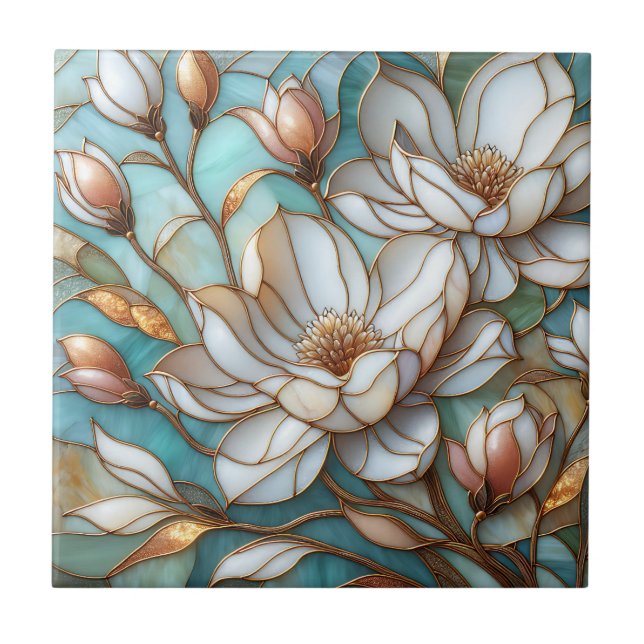 Azulejo Elegant Magnolia Stained Glass Floral Mosaic Art (Frente)