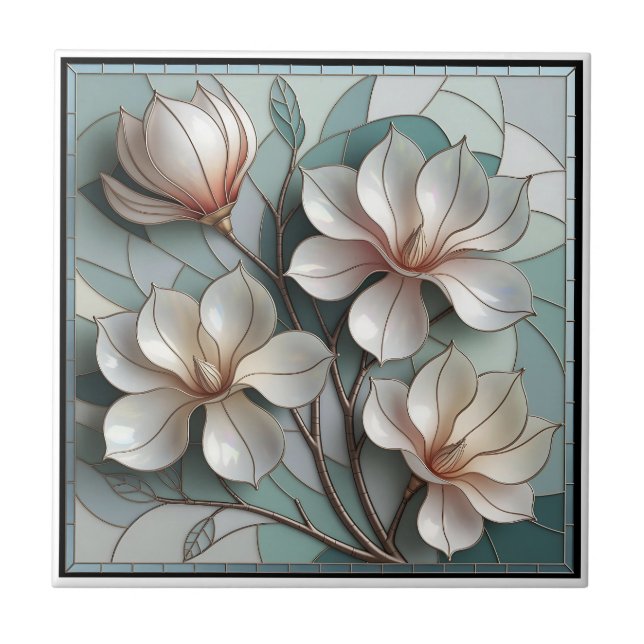 Azulejo Elegant Magnolia Stained Glass Floral Mosaic Art (Frente)