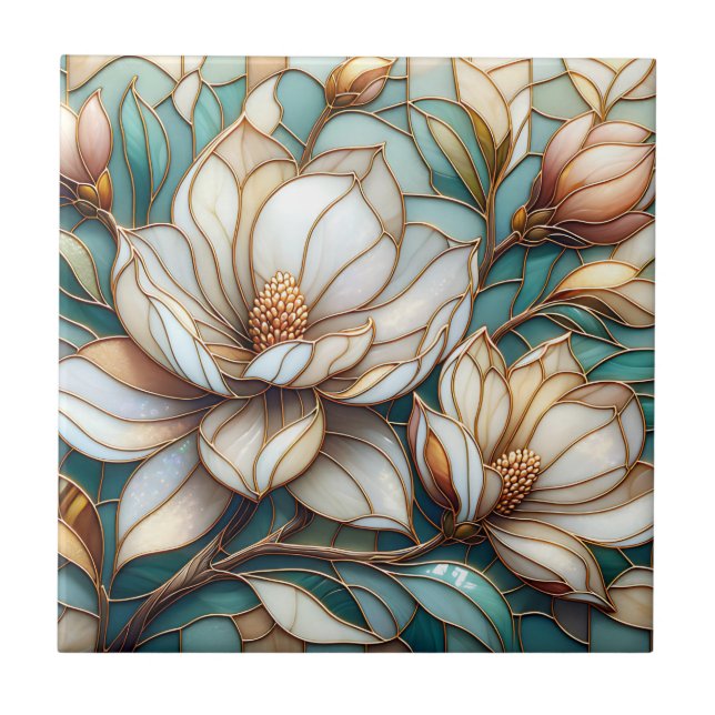 Azulejo Elegant Magnolia Stained Glass Floral Mosaic Art (Frente)