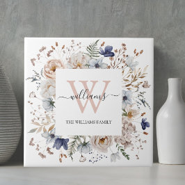 Azulejo Elegant Monogram Pretty Beige Blue Flowers Floral