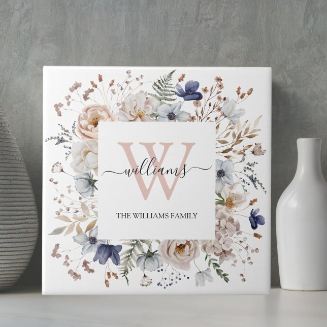 Azulejo Elegant Monogram Pretty Beige Blue Flowers Floral (In situ)