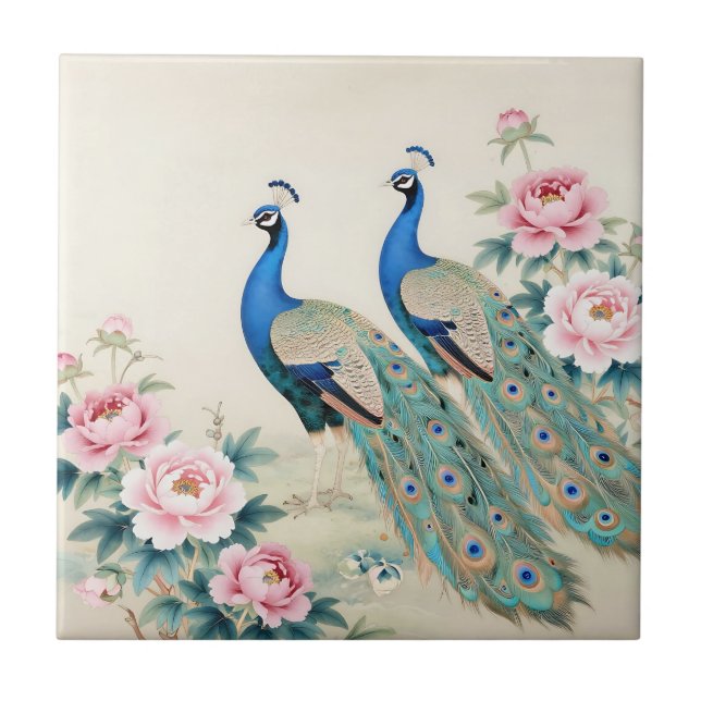 Azulejo Elegant Peacocks Pink Peonies Asian  (Frente)