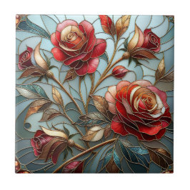 Azulejo Elegant Red Rose Stained Glass Floral Gold Accent