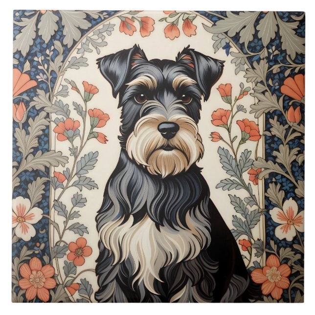 Azulejo Elegant Schnauzer William Morris Inspired Floral (Frente)