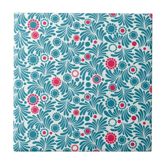 Azulejo Elegant Teal and Magenta Foliage Pattern (Frente)