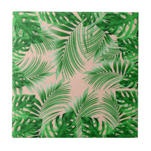 Azulejo Elegant Tropical green palm leaves pattern pink ba