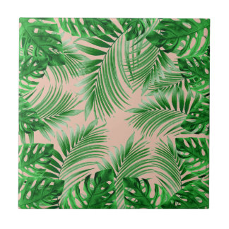 Azulejo Elegant Tropical green palm leaves pattern pink ba