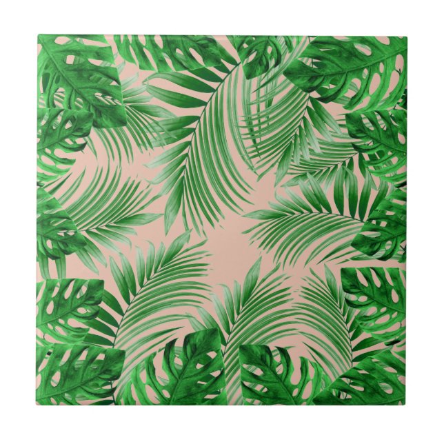 Azulejo Elegant Tropical green palm leaves pattern pink ba (Frente)