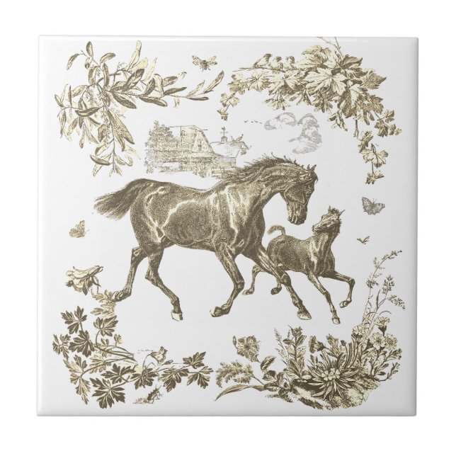 Azulejo Elegant Vintage Beige Horses Floral (Frente)