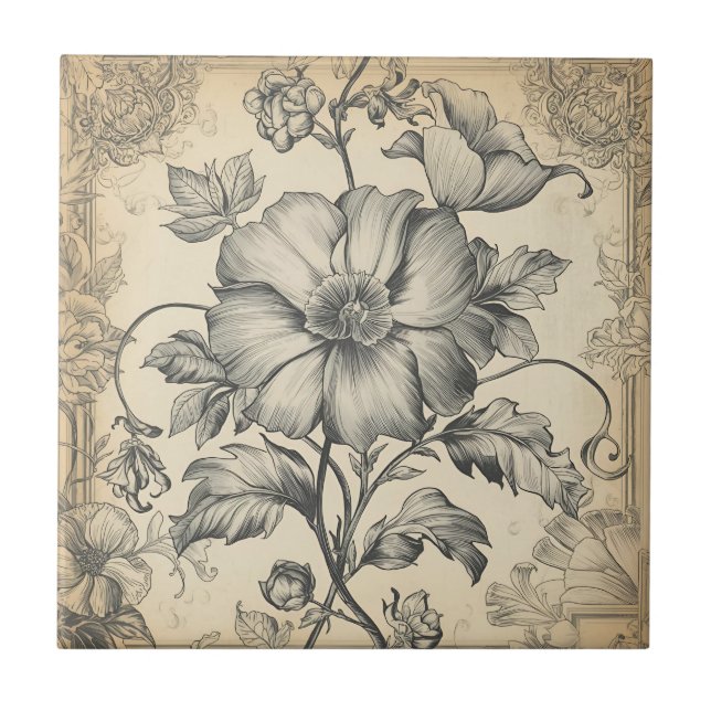 Azulejo Elegant Vintage French Engraved Floral  Pattern (Frente)