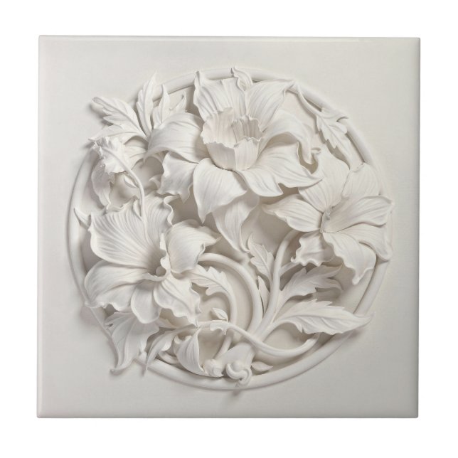 Azulejo Elegant White Faux Relief Flowers (Frente)