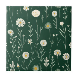 Azulejo Elegant Wildflower Pattern on Dark Green 