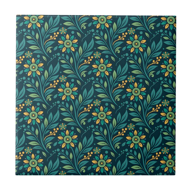 Azulejo Elegant Yellow and Teal Floral Pattern Design (Frente)