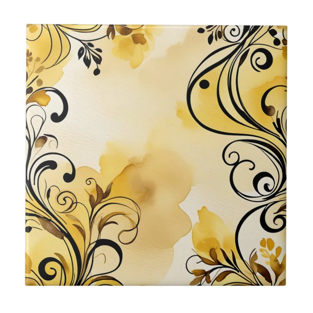 Azulejo Elegante Abstracto Floral acuarela Amarillo (Frente)