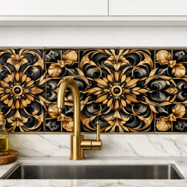 Azulejo Elegante Acento de Oro Negro (“Art Deco gold tile brings 1920s elegance to modern kitchens bold symmetry, timeless luxury.”)
