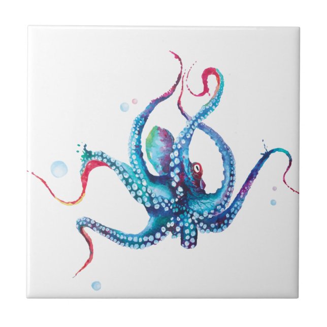 Azulejo Elegante acuarela Octopus Cerámica Tile (Frente)