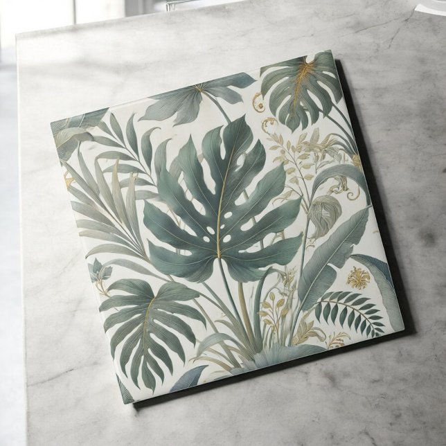 Azulejo Elegante acuarela Tropical Verde Botánico Floral (Subido por el creador)