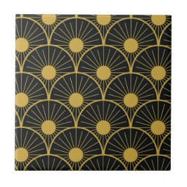 Azulejo Elegante Art Deco Golden Abstract Sun on Black