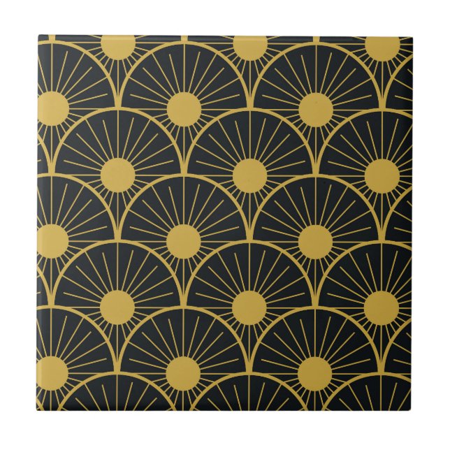 Azulejo Elegante Art Deco Golden Abstract Sun on Black (Frente)