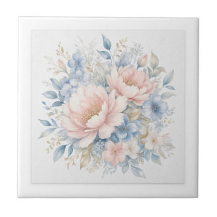 Azulejo Elegante Arte Floral en Acuarela de Color Azul Pol
