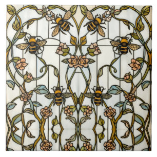 Azulejo Elegante arte nuevo botánico abeja vidrio teñido