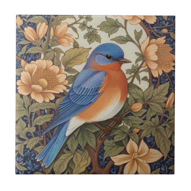 Azulejo Elegante ave azul oriental William Morris inspirad (Frente)