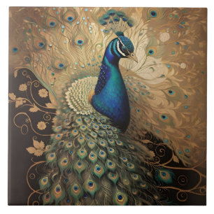 Azulejo Elegante ave dorada de pavo real