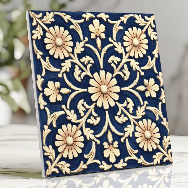 Azulejo Elegante azul marino y dalia de marfil (Subido por el creador)