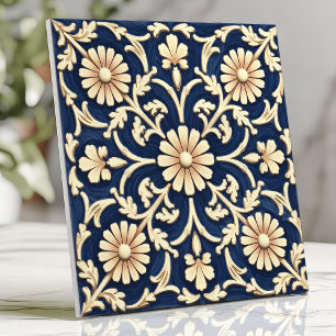 Azulejo Elegante azul marino y margarita marfil 
