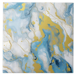 Azulejo Elegante azul y blanco patrón de mármol dorado