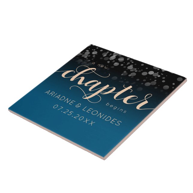 Azulejo Elegante Boda azul oceánico Peach Un Capítulo Nuev (Lado)