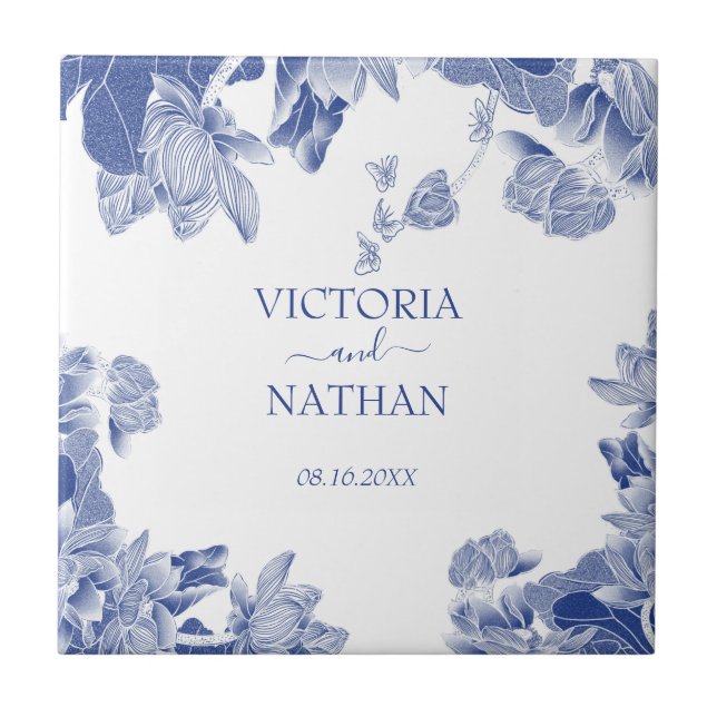 Azulejo Elegante Boda Floral de Moda Chinoiserie azul blan (Frente)