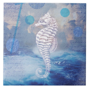 Azulejo Elegante caballito de mar de época con olas de oc