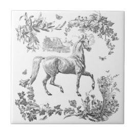 Azulejo Elegante Caballo Floral Vintage Blanco Negro