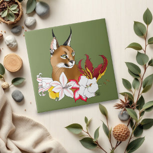 Azulejo Elegante Caracal Gato Salvaje Lirios Floral Verde