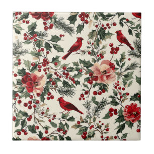 Azulejo Elegante Cardenal Rojo Invierno Botánico Crema