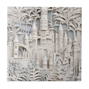Azulejo Elegante Castillo de Fantasía Mítica Blanca