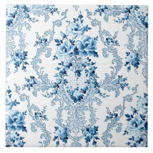 Azulejo Elegante Cerami Floral Rococó Azul y Blanco