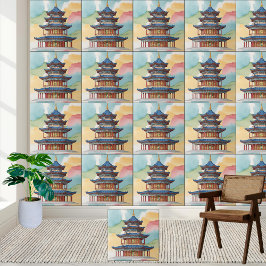Azulejo Elegante Chinoiserie Pagoda Temple Watercolor Tile