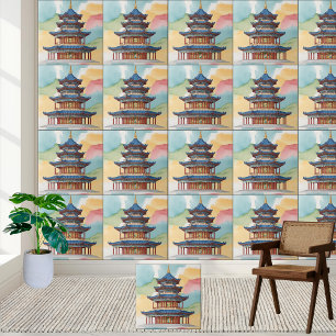 Azulejo Elegante Chinoiserie Pagoda Temple Watercolor Tile