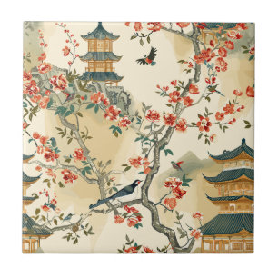 Azulejo Elegante Chinoiserie - Pagodas, Flores y Aves